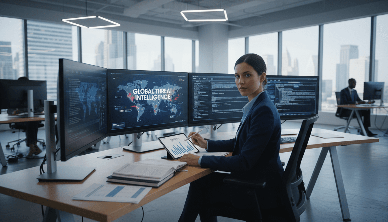 Professional security analyst reviewing intelligence reports in a modern office