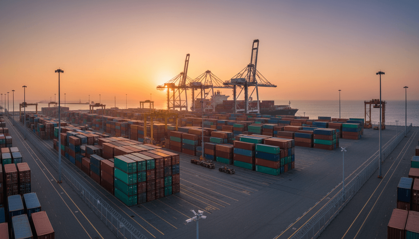 Shipping containers at a busy logistics port, representing supply chain operations
