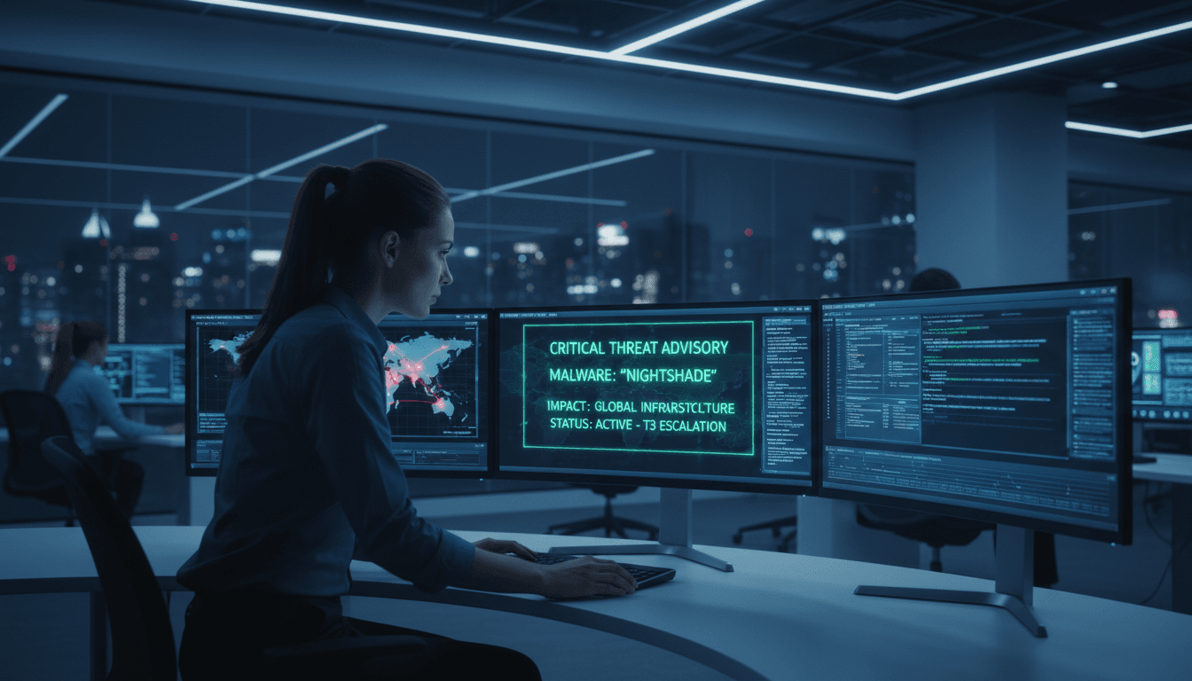 Analyst reviewing threat intelligence on a monitor in a modern operations center