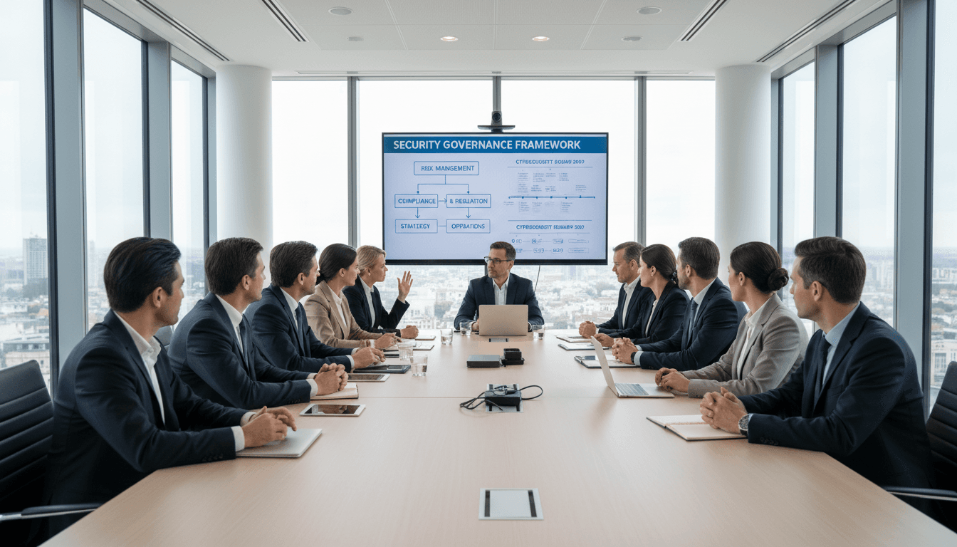 Business executive in suit meeting with security consultant at a conference table