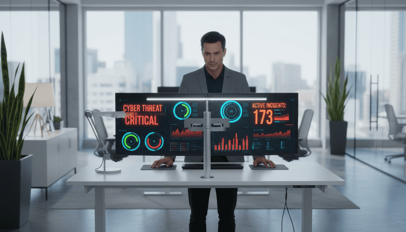 Security analyst reviewing intelligence reports on monitors in a dark operations center