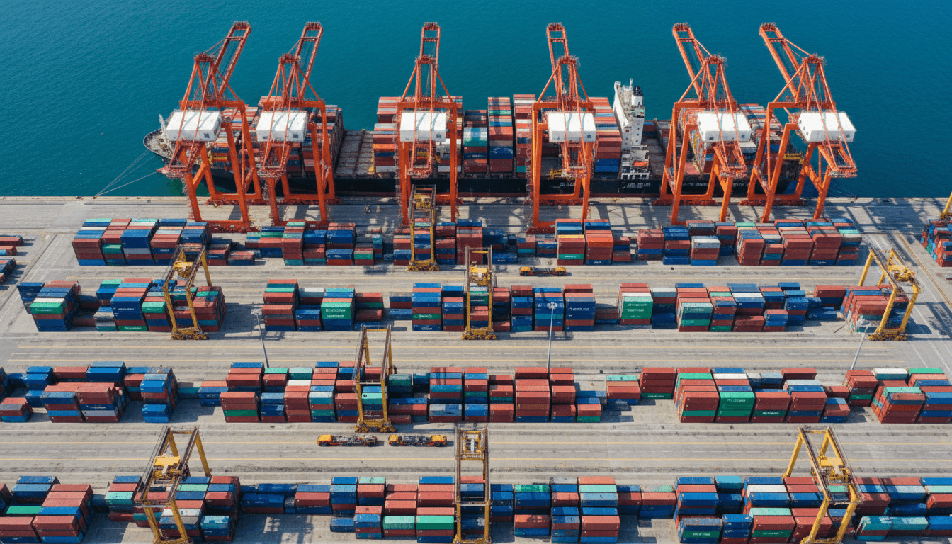 International shipping containers at a busy port