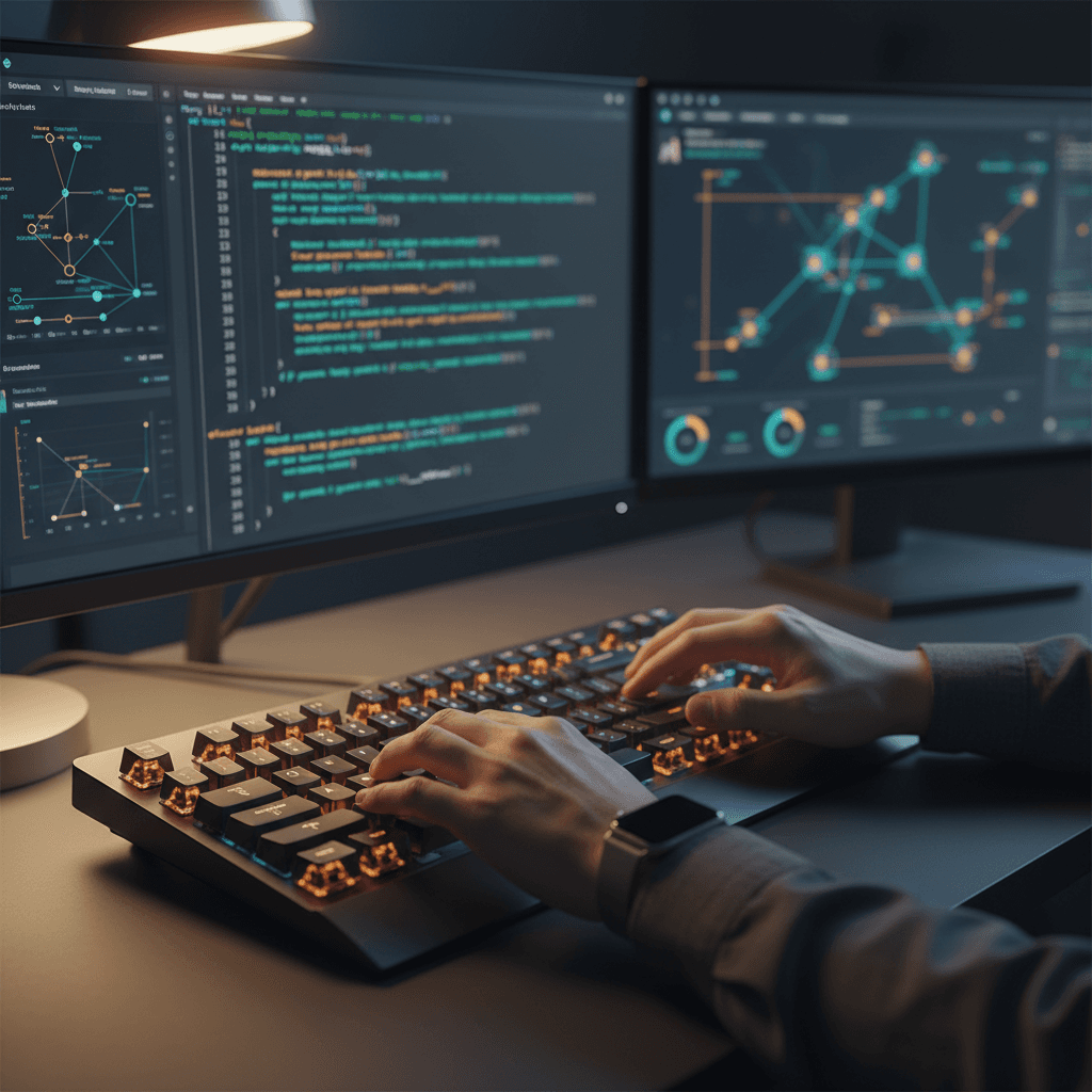 Security analyst reviewing threat intelligence documents in a dark professional office