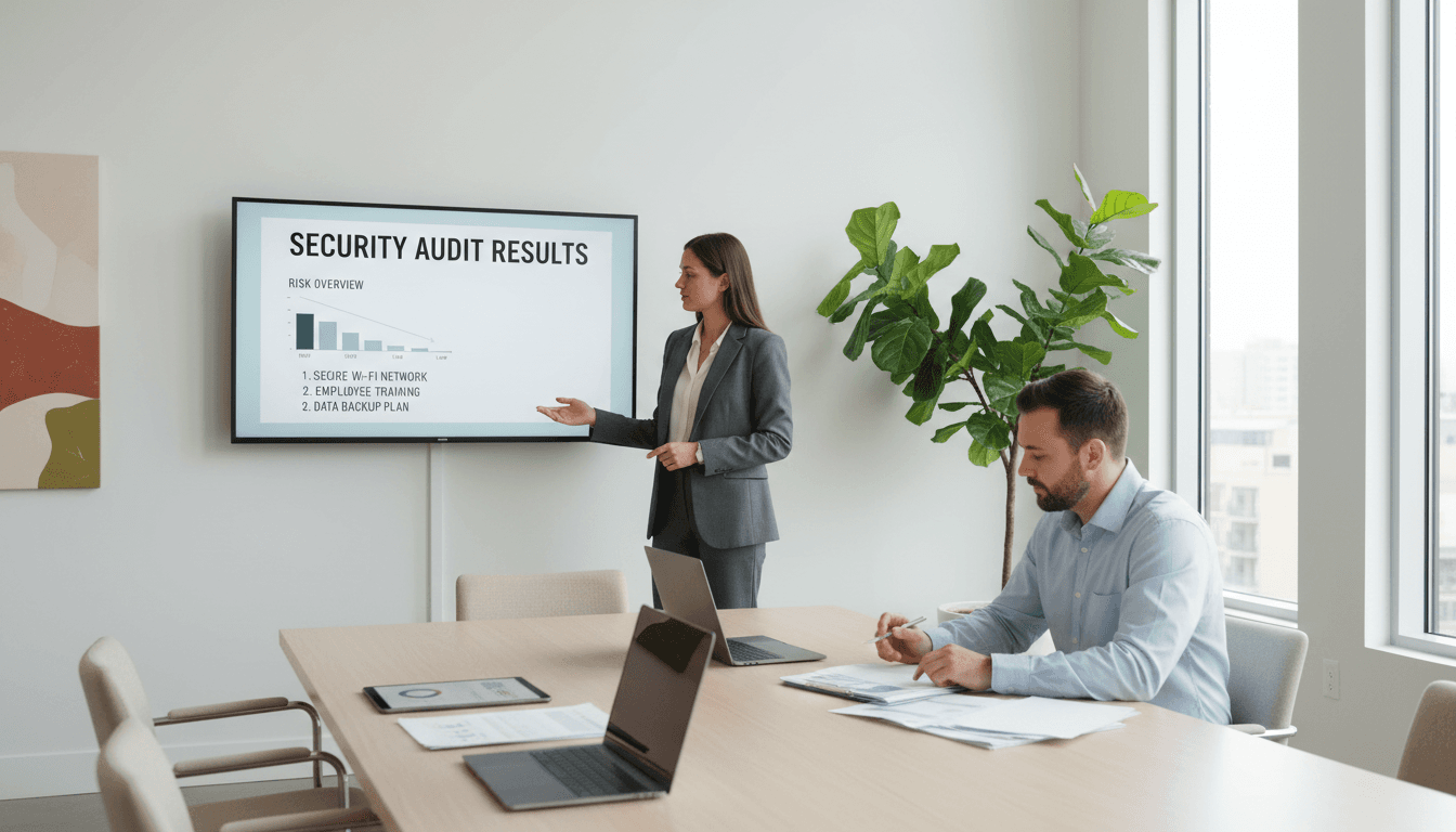 Security expert discussing risk assessment with a client in a professional meeting room