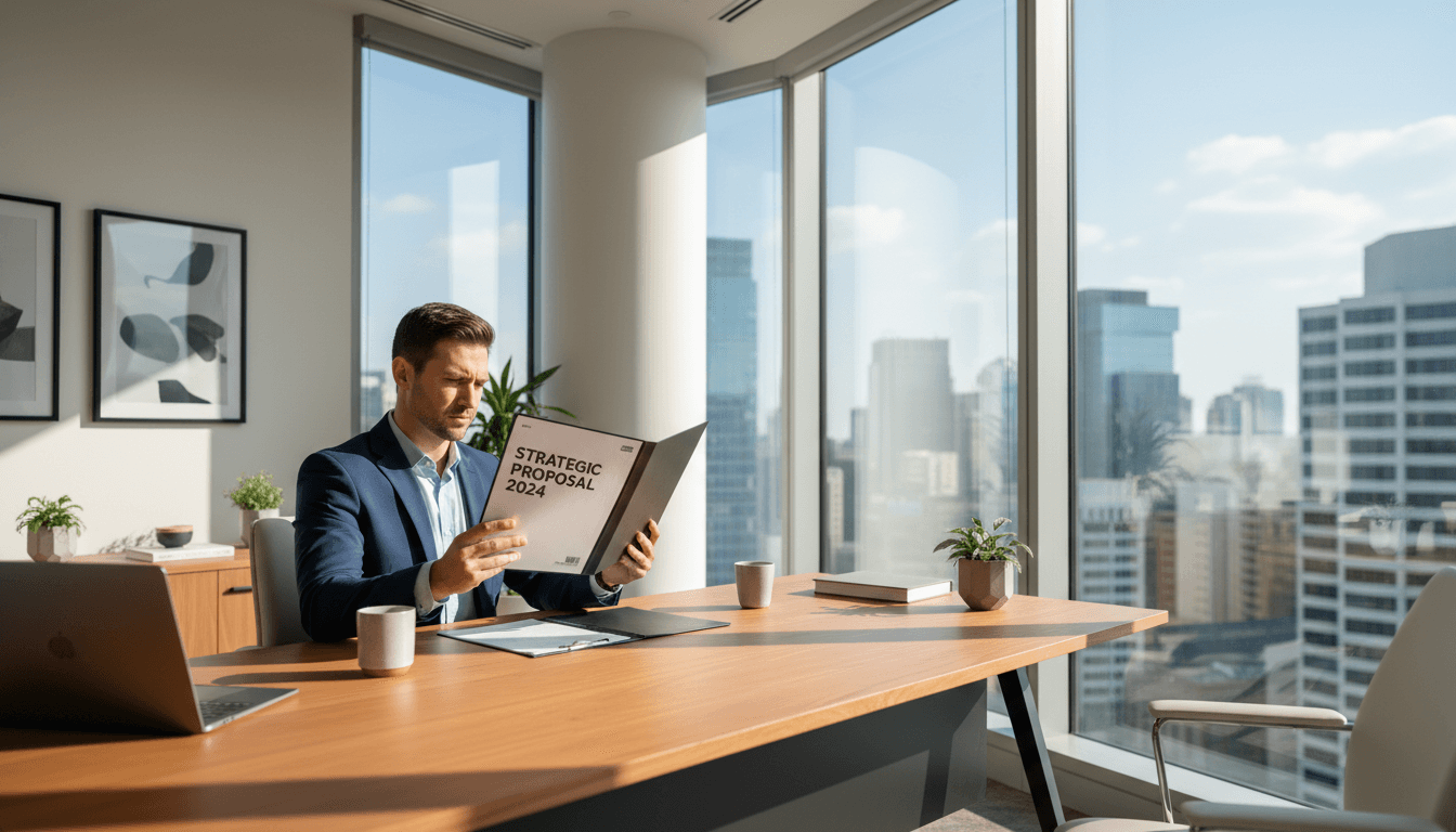 Founder reviewing intelligence documents in a calm, professional office