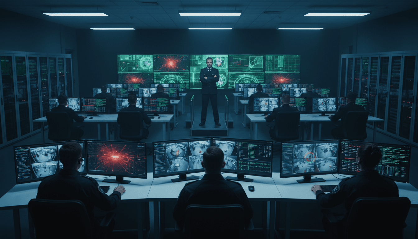 Professional security analyst reviewing surveillance footage in a dimly lit operations center