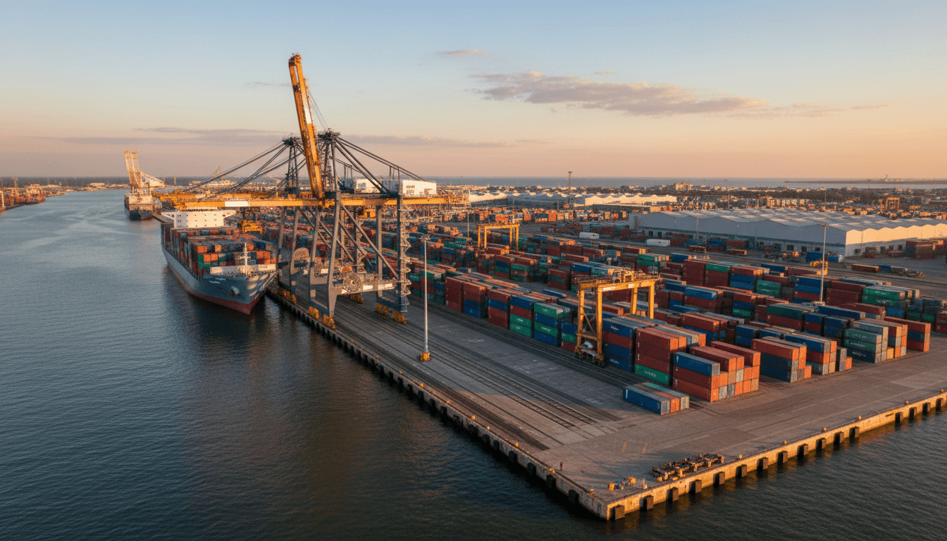 Container ship and cargo port with cranes at an industrial harbor