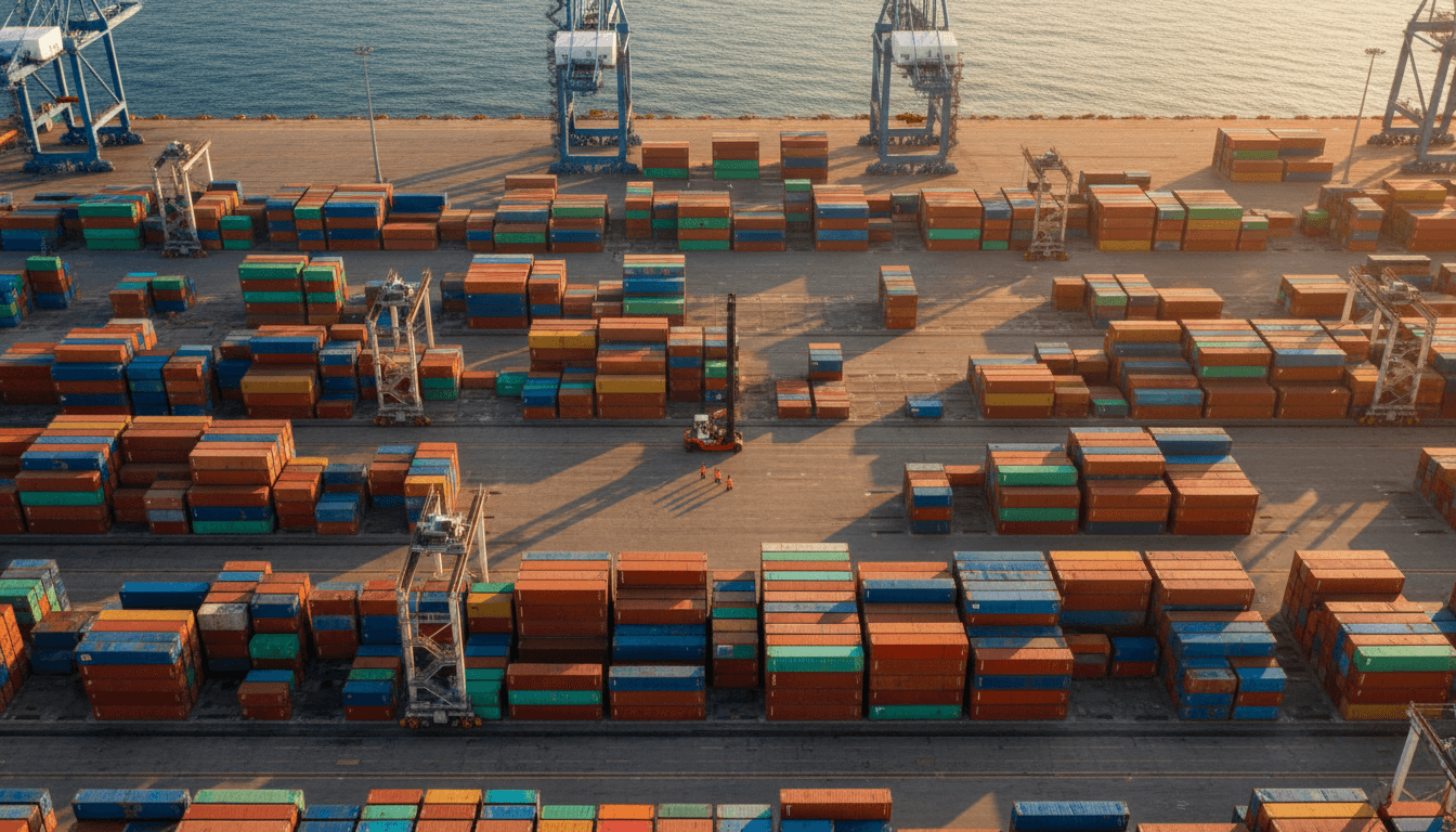 Cargo containers stacked at a modern port with cranes in the background
