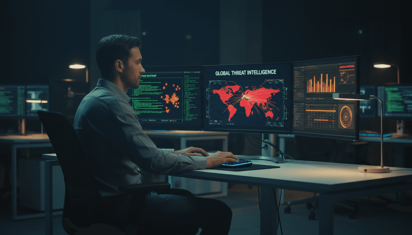 Security analyst reviewing threat data on monitors in a dark operations center